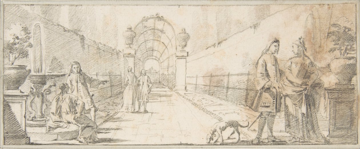 Ilustrace do knihy:  Postavy při rozhovoru v zahradě od Giovanni Battista Tiepolo