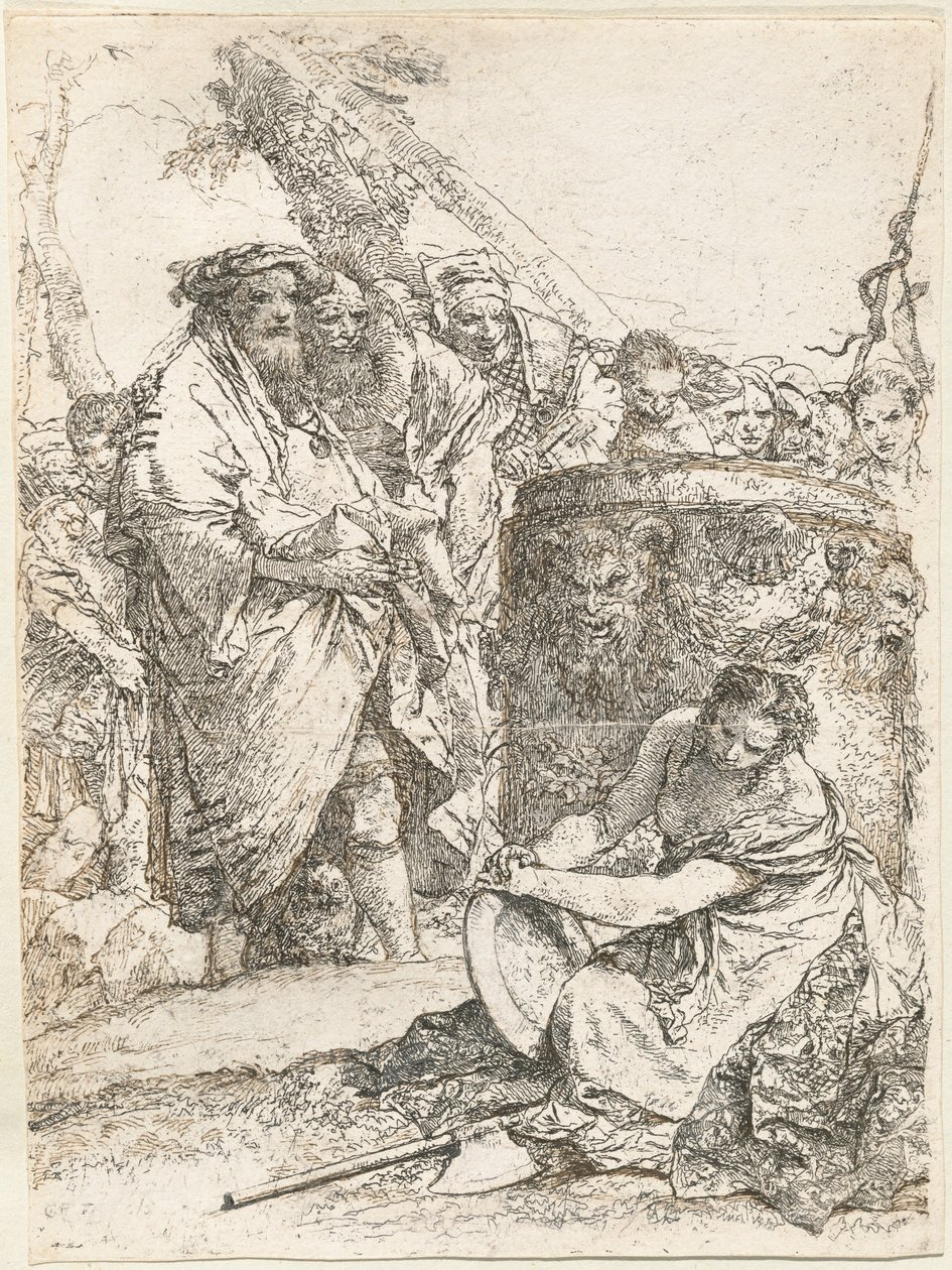 Kouzelník a další figury před hořícím oltářem s lebkou a kostmi od Giovanni Battista Tiepolo