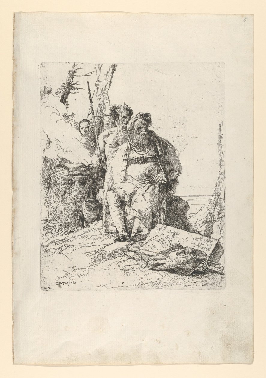 Kouzelník se čtyřmi postavami u kouřícího oltáře, ze Scherzi, ca. 1743-52. od Giovanni Battista Tiepolo