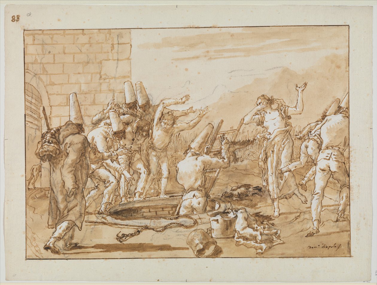 Punchinello získávání mrtvých slepic ze studny, kolem roku 1800 od Giovanni Battista Tiepolo