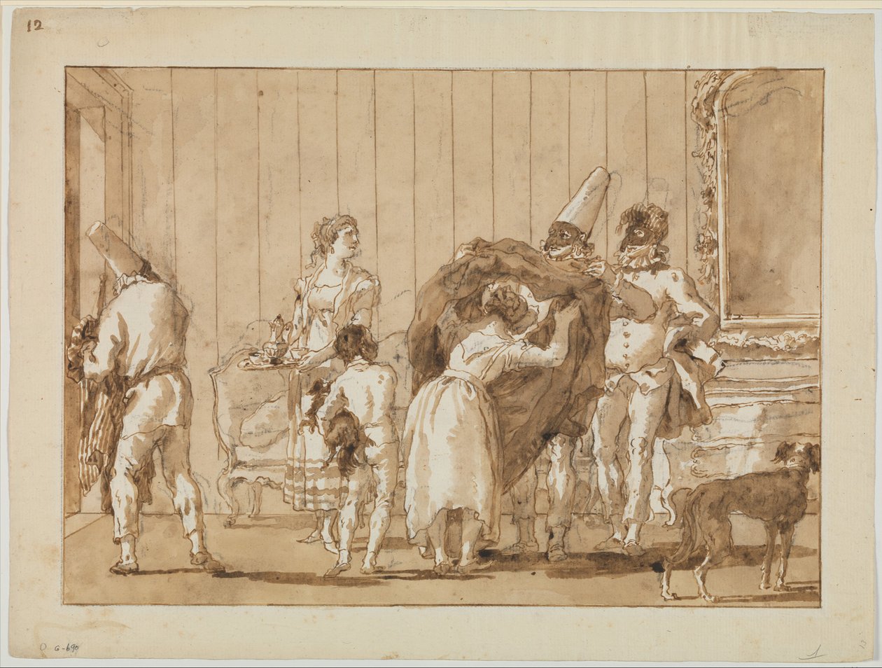 Punchinello jako švadlena, kolem roku 1800 od Giovanni Battista Tiepolo