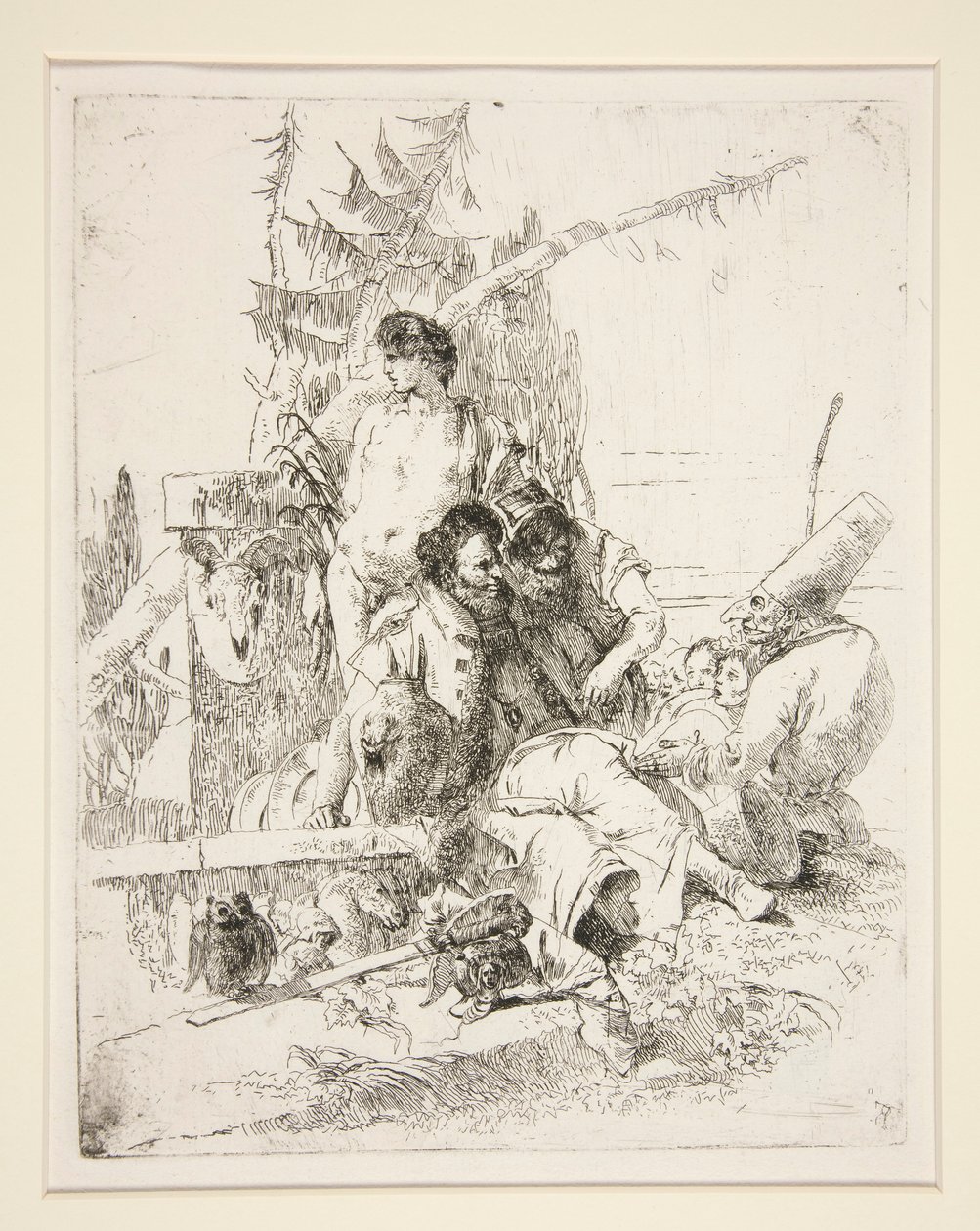 Punchinello mluví se dvěma kouzelníky ze série Scherzi di Fantasia od Giovanni Battista Tiepolo