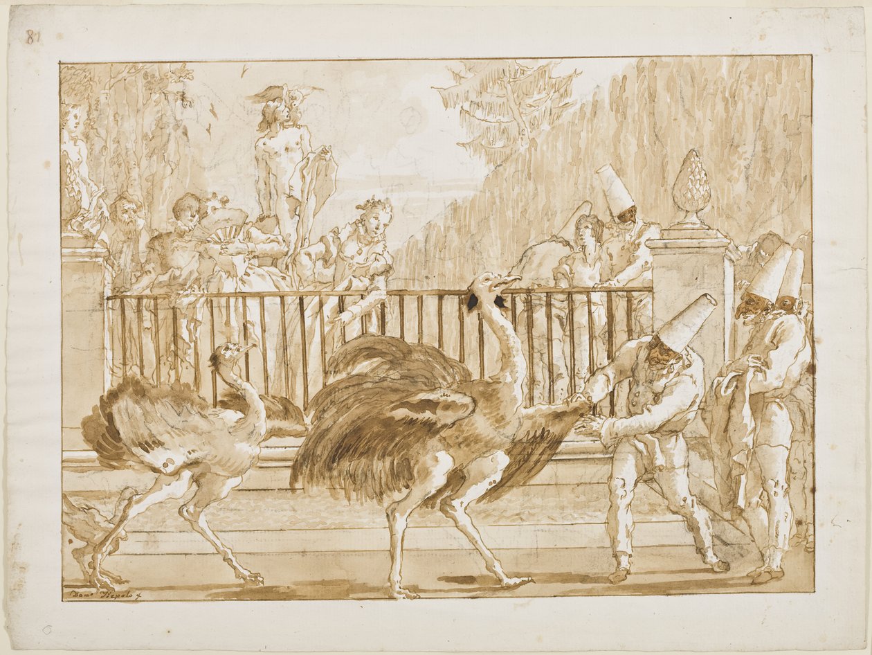Punchinello with the Pštrosi, cca 1800 (pero a světle hnědý inkoust (pravděpodobně bistre) a štětec omyjte černou křídou na položený papír) od Giovanni Battista Tiepolo
