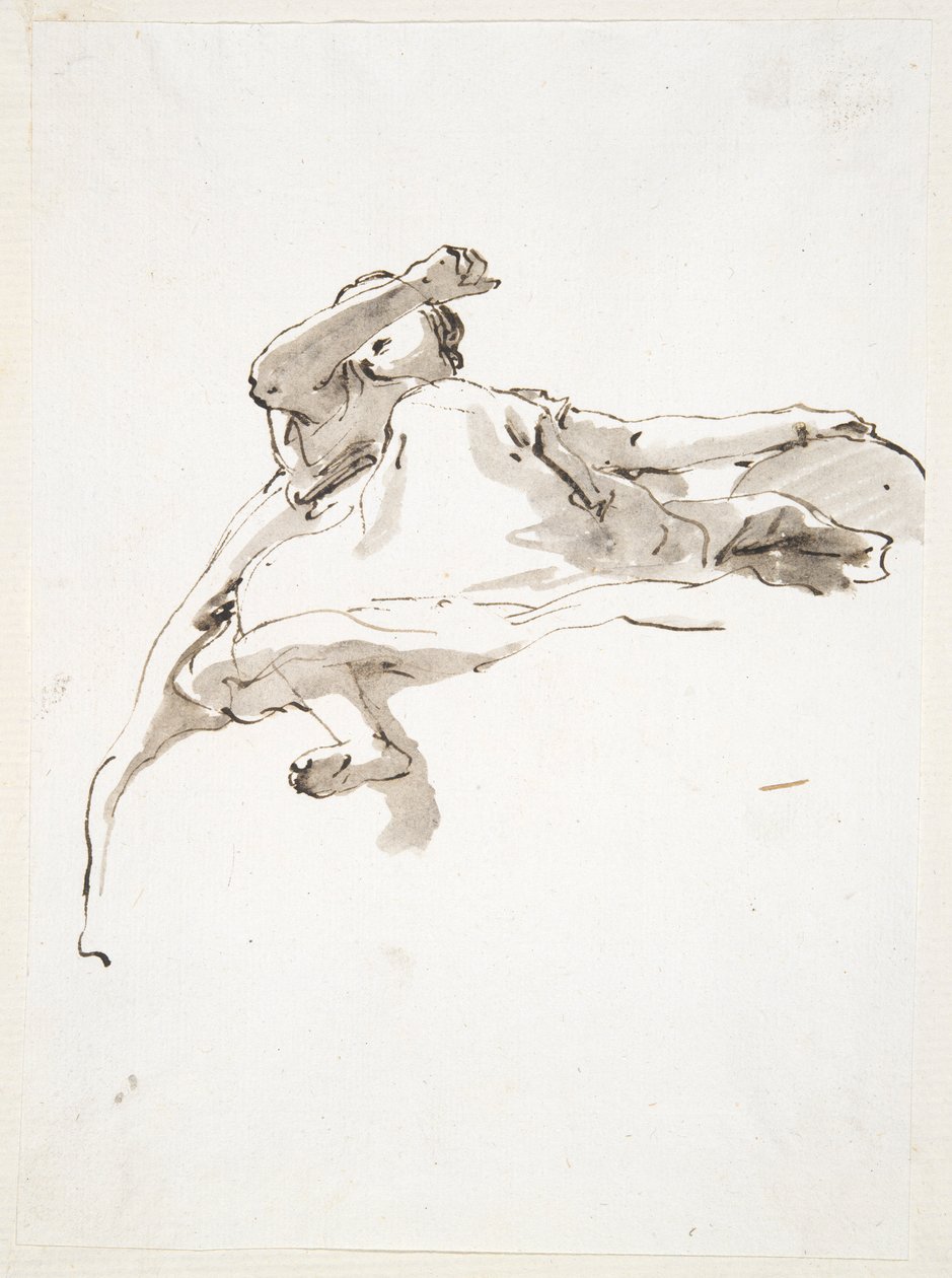 Ležící ženská postava, levá ruka položená na zeměkouli, pravá paže zvednutá před obličejem, při pohledu zespodu od Giovanni Battista Tiepolo