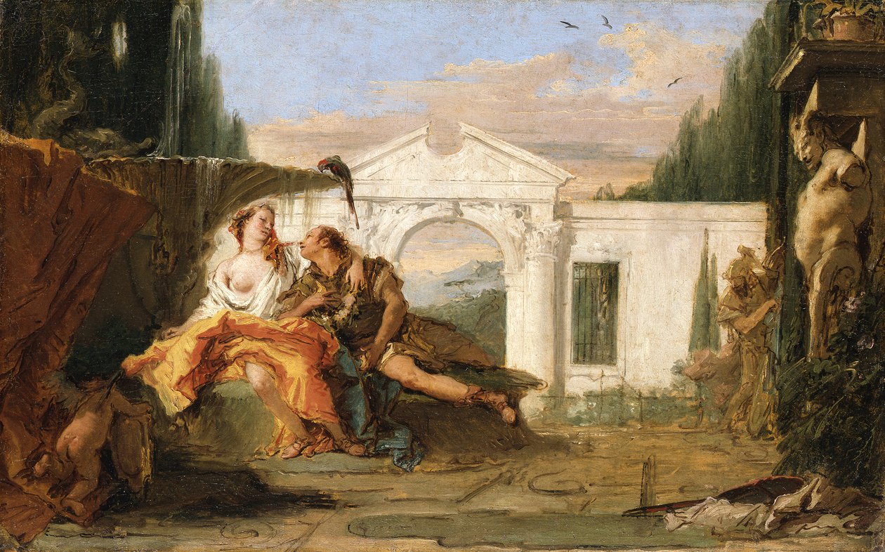 Rinaldo a Armida v Armidině kouzelné zahradě, odposlouchávaní Carlem a Ubaldo od Giovanni Battista Tiepolo