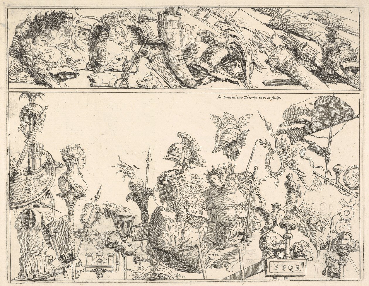 Římské zbraně, standarty a trofeje, kompozice rozdělená do dvou horizontálních pásů, 1774. od Giovanni Battista Tiepolo