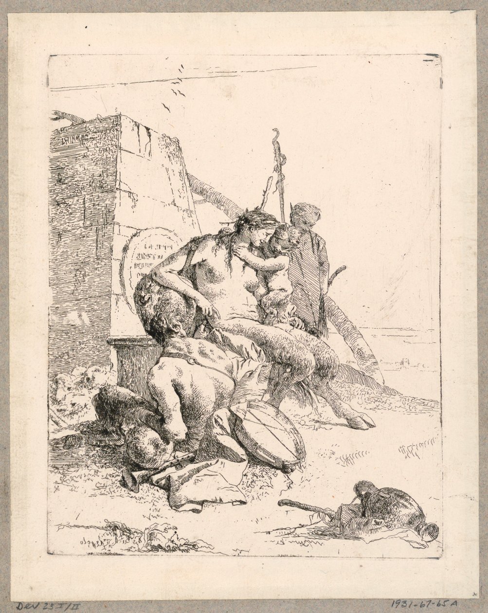 Satyr Family s obeliskem, deska 11 od Scherzi di Fantasia od Giovanni Battista Tiepolo