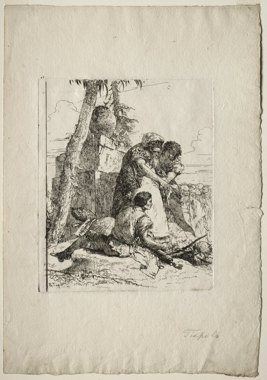 Scherzi di Fantasia: Kouzelník ukazuje na hořící hlavu dvěma mladým lidem od Giovanni Battista Tiepolo