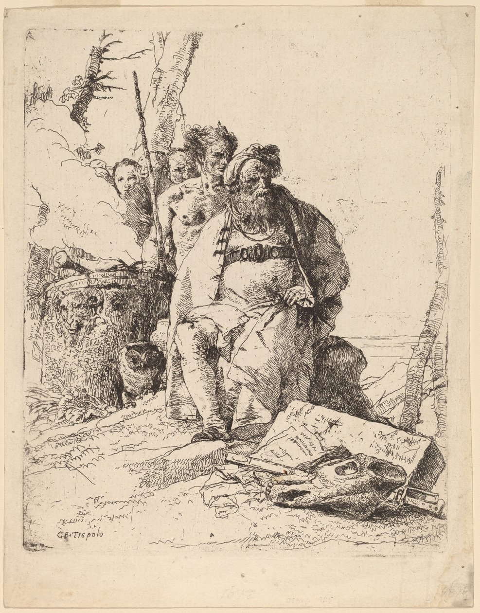 Sedící kouzelník s dalšími figurami vedle oltáře od Giovanni Battista Tiepolo