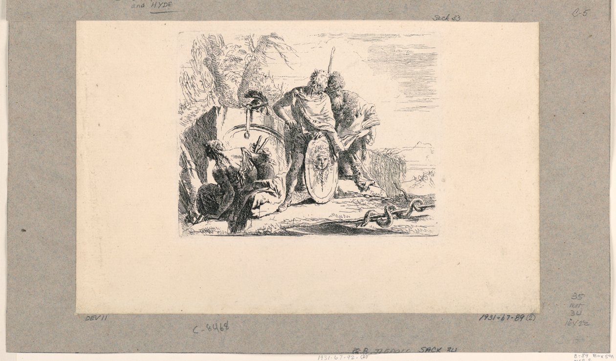 Sedící žena, mladý voják a mág z Vari Capricci od Giovanni Battista Tiepolo