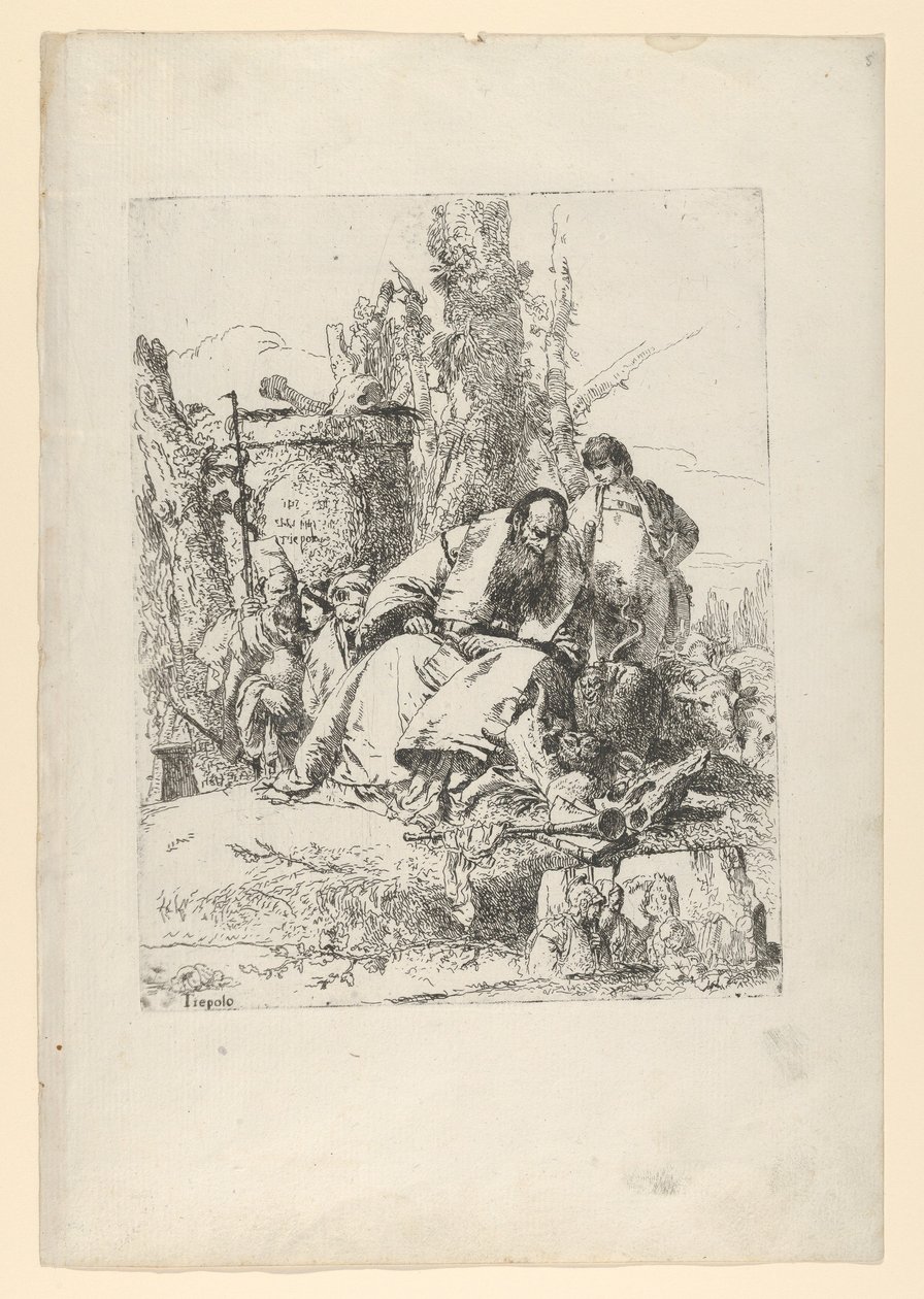 Sedící kouzelník, chlapec a čtyři postavy ze Scherzi di Fantasia, ca. 1743-50. od Giovanni Battista Tiepolo