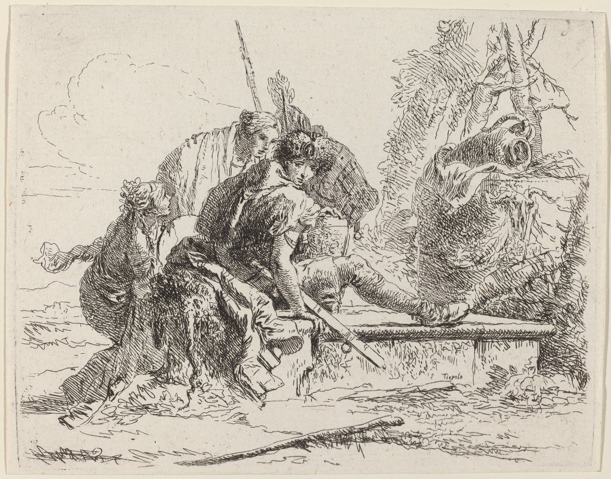 Voják sedící na hrobce s okolními postavami od Giovanni Battista Tiepolo
