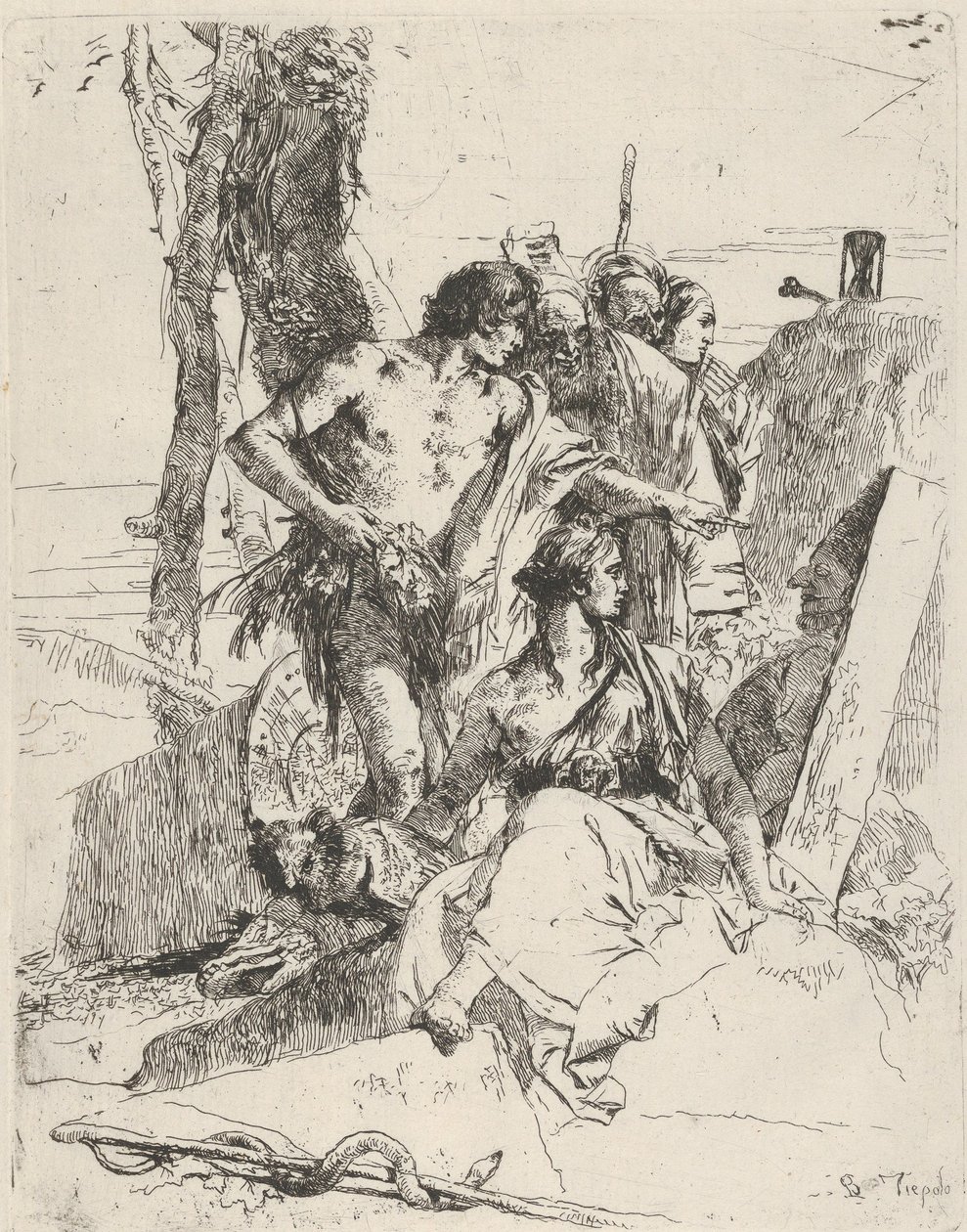 Objev hrobky Punchinello, z Scherzi, ca. 1743-50. od Giovanni Battista Tiepolo