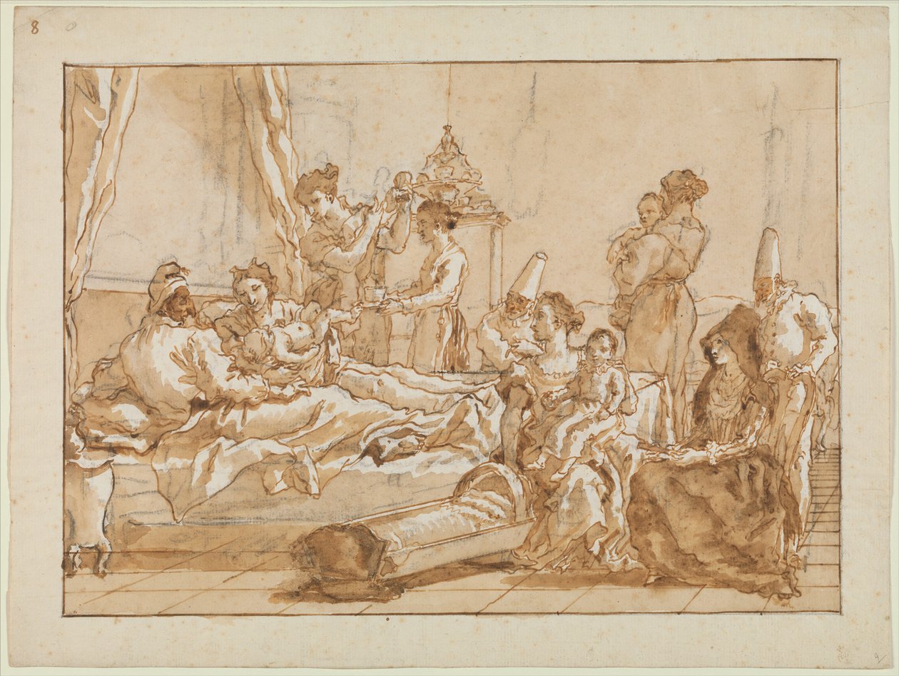 Nemluvně Punchinello v posteli se svými rodiči, c.1800 od Giovanni Battista Tiepolo