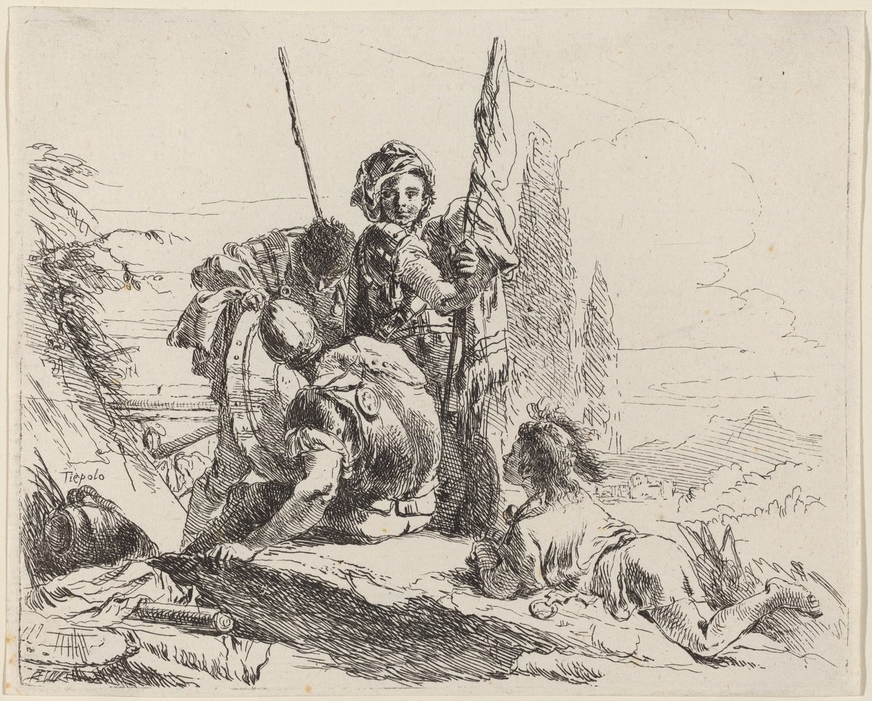 Tři vojáci a jeden mladík od Giovanni Battista Tiepolo