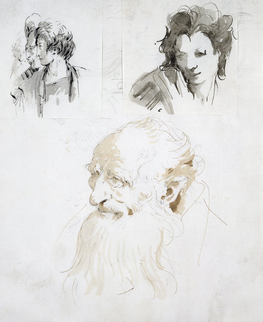 Tři studie hlav (pero, inkoust a mytí na papíře) od Giovanni Battista Tiepolo