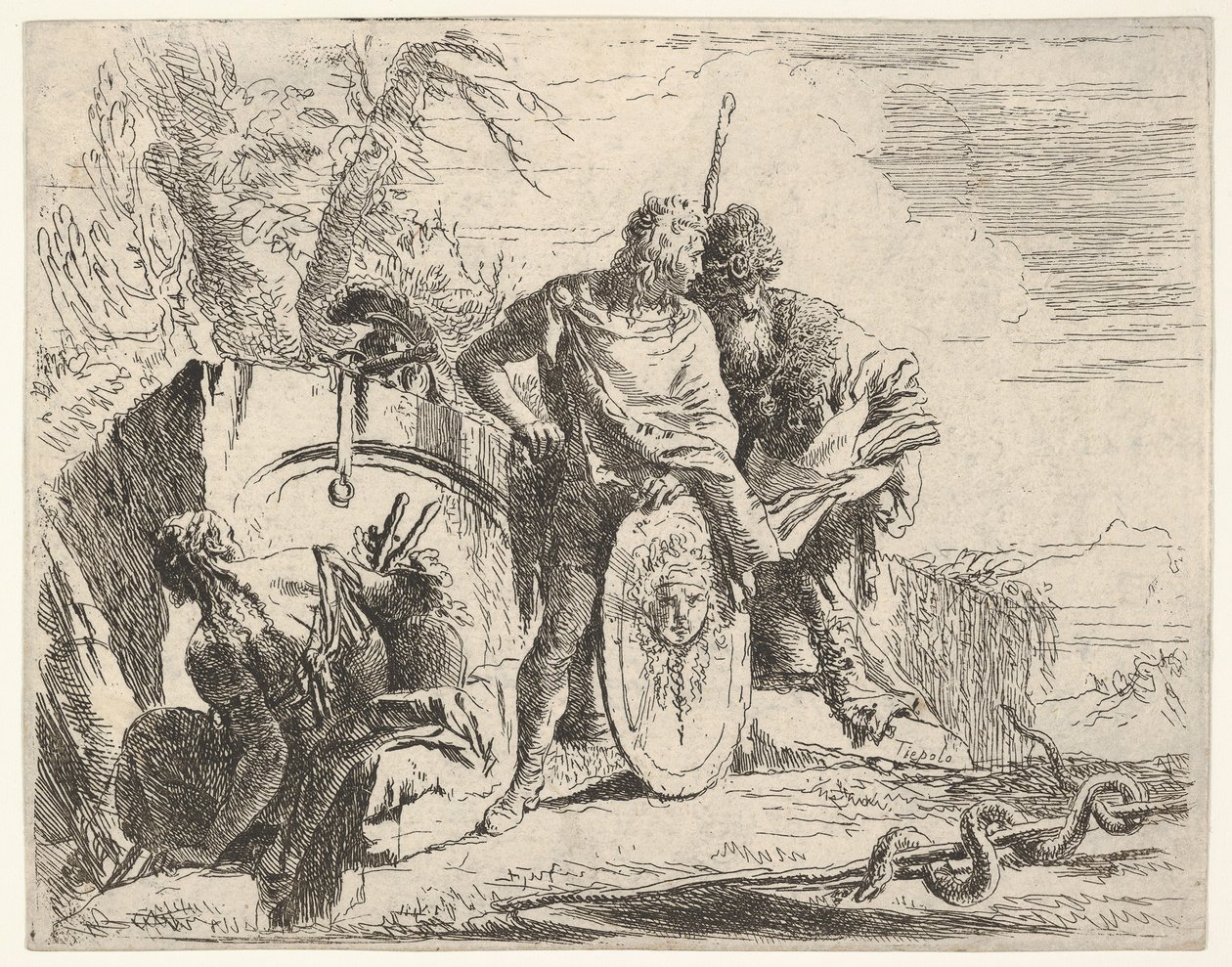 Tři postavy a had se vinuli kolem hole, obklopeni krajinou, ce..., 18. století. od Giovanni Battista Tiepolo