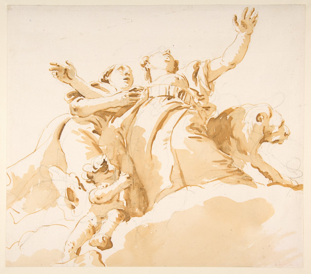 Zwei Frauen, ein Löwe und ein Putto auf Wolken od Giovanni Battista Tiepolo