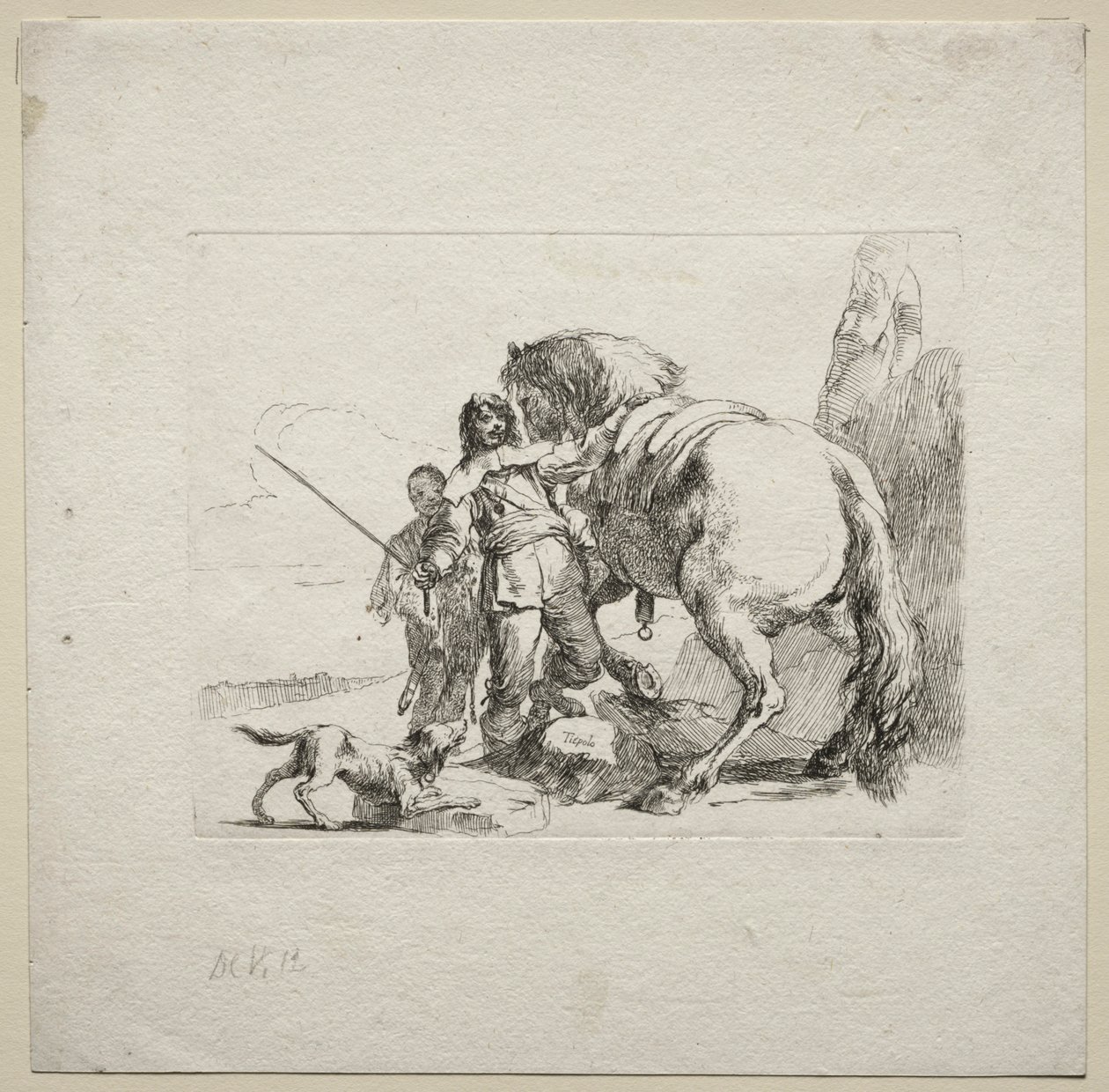 Různé rozmary: Kavalír nasedající na koně, 1785. od Giovanni Battista Tiepolo