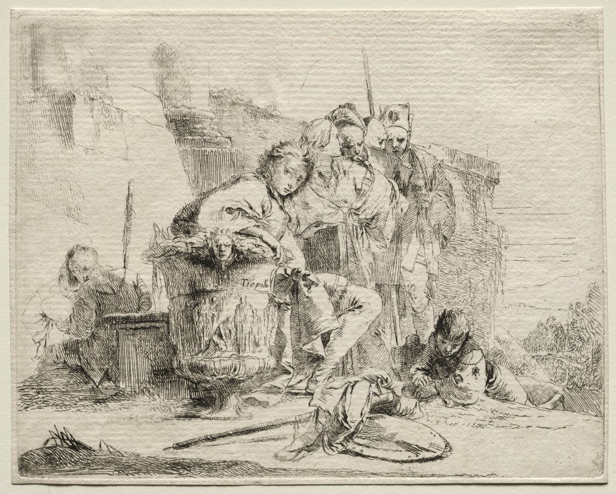 Různé rozmar: Mladý muž sedící, opírající se o urnu. od Giovanni Battista Tiepolo