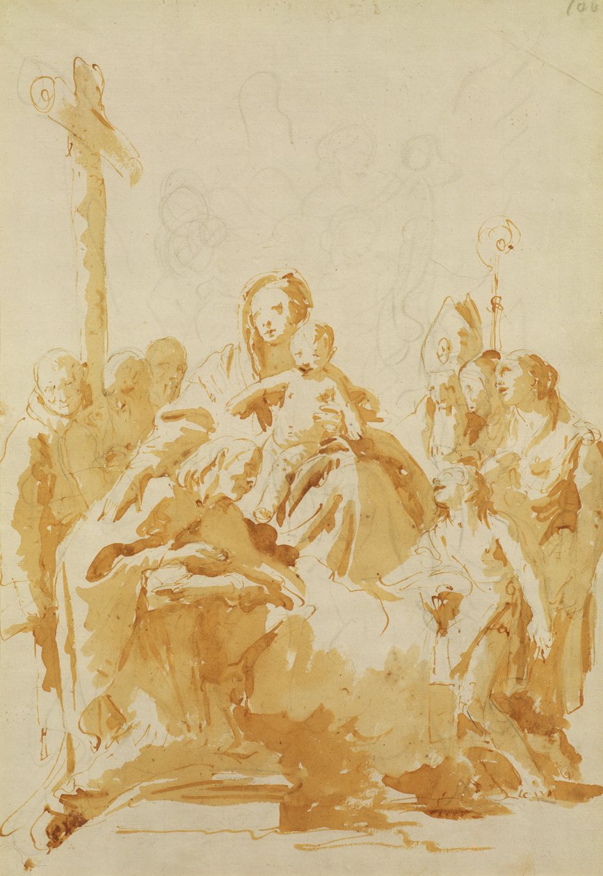 Panna a dítě zbožňované biskupy, mnichy a ženami, 1735-40 (pero a hnědý inkoust s hnědým omytím přes černou křídu na položený papír) od Giovanni Battista Tiepolo