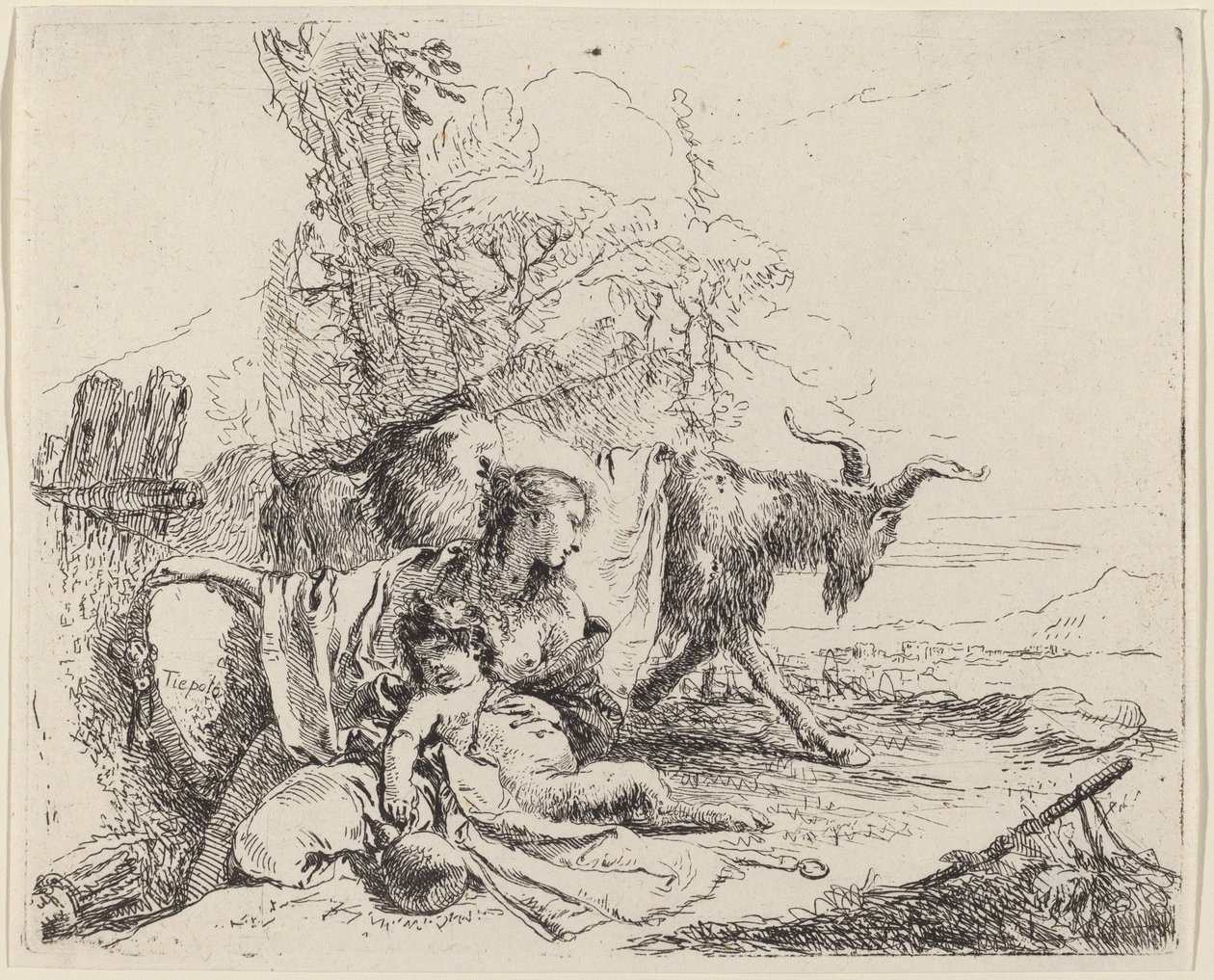 Žena, satyrské dítě a koza v krajině od Giovanni Battista Tiepolo