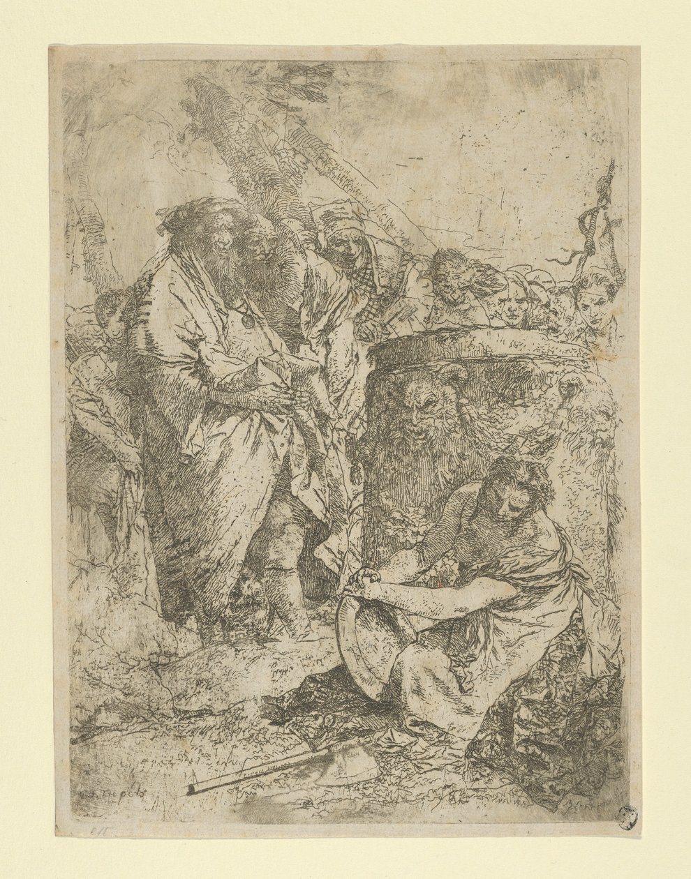 Žena klečící před kouzelníky a jinými postavami ze Scherzi, ca. 1740. od Giovanni Battista Tiepolo