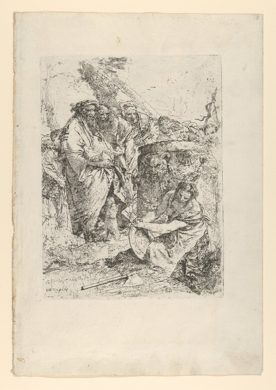 Žena klečící před kouzelníky a jinými postavami, ze Scherzi, ca. 1743-50. od Giovanni Battista Tiepolo