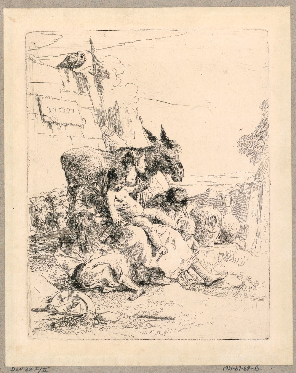 Žena se dvěma dětmi a oslem, deska 21 z Scherzi di Fantasia od Giovanni Battista Tiepolo