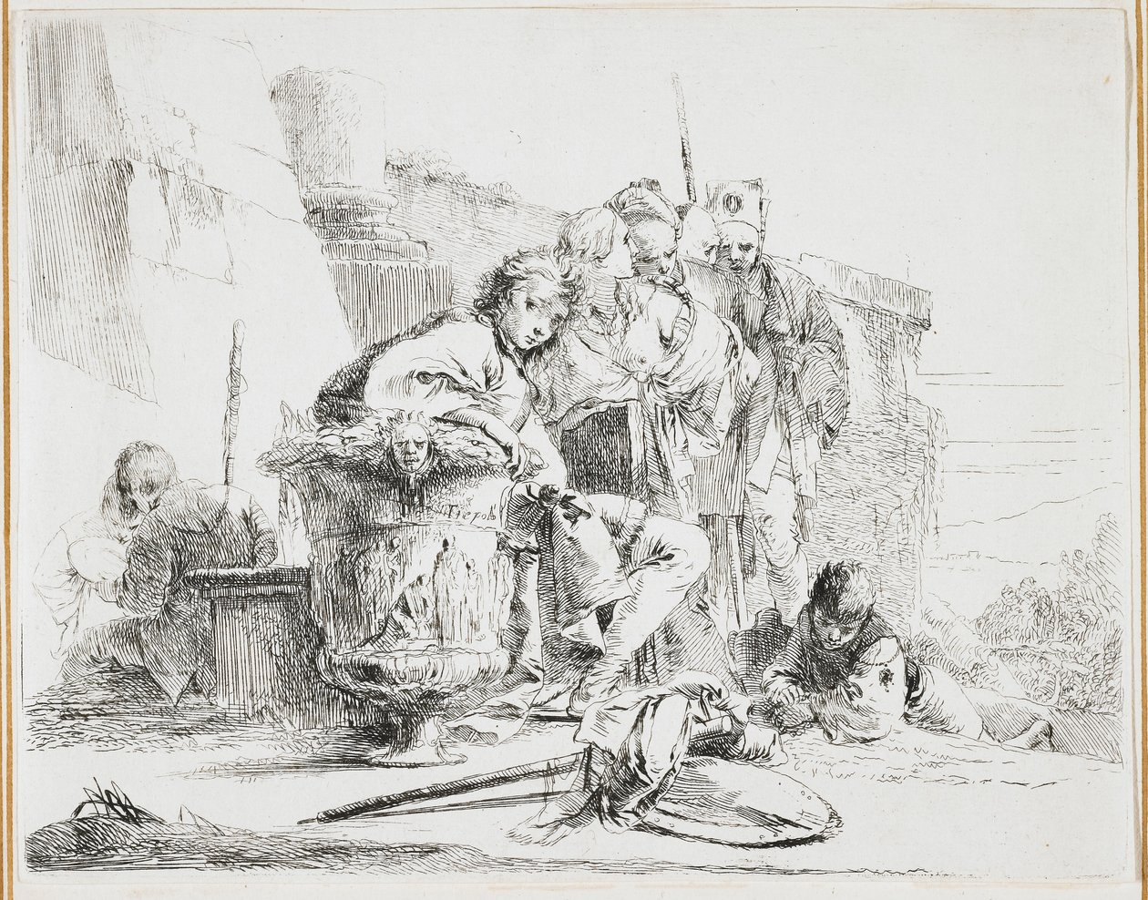 Mladý muž sedící, opřený o urnu, talíř z Vari Capricci (Různé rozmary), 40. léta 18. století od Giovanni Battista Tiepolo
