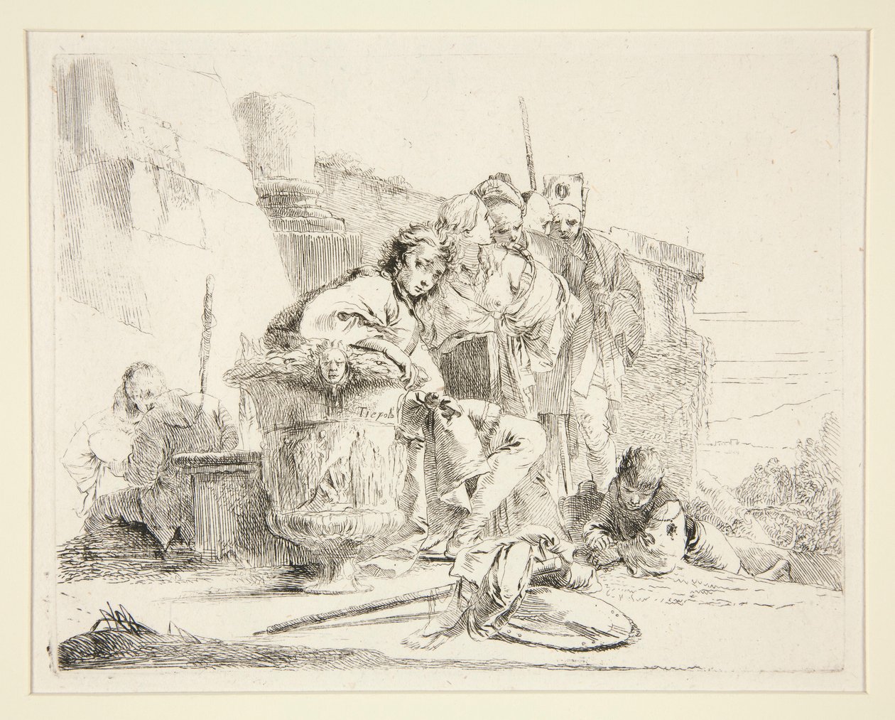 Mladý muž sedící a opírající se o urnu, ze série Vari Capricci od Giovanni Battista Tiepolo