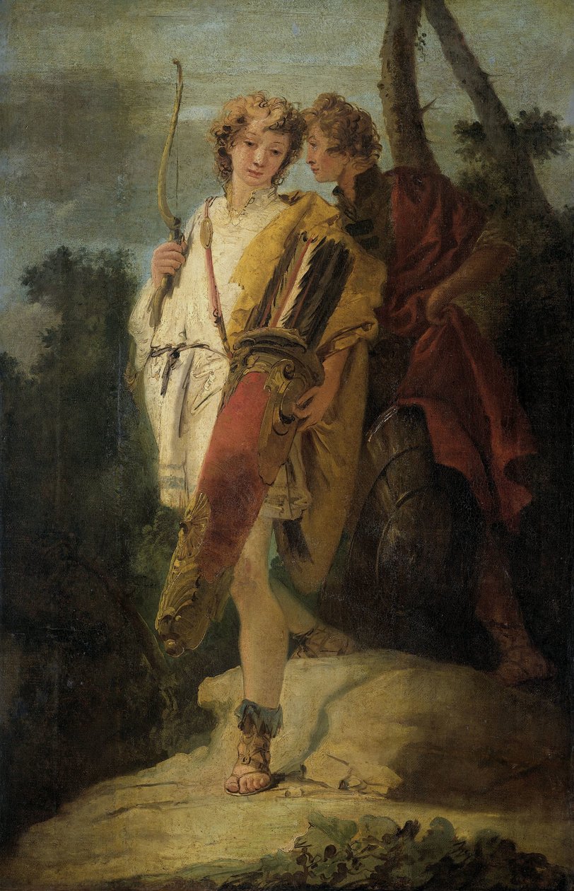 Mladý muž s lukem a velkým toulec a jeho společník se štítem, dříve nazývaný Telemachus a rádce od Giovanni Battista Tiepolo