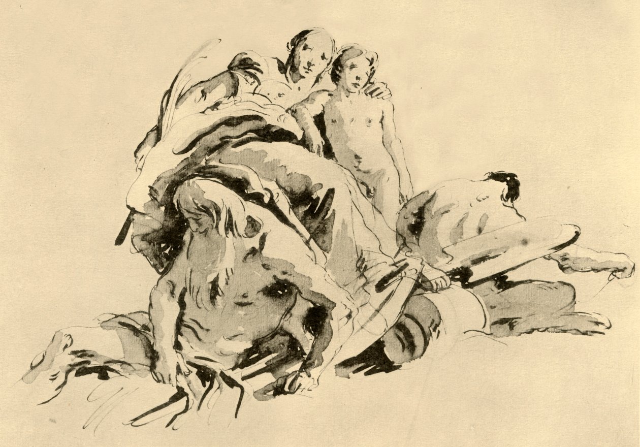 Mladá žena s chlapcem, bohem řeky a satyrem, polovina 18. století, 1928 od Giovanni Battista Tiepolo