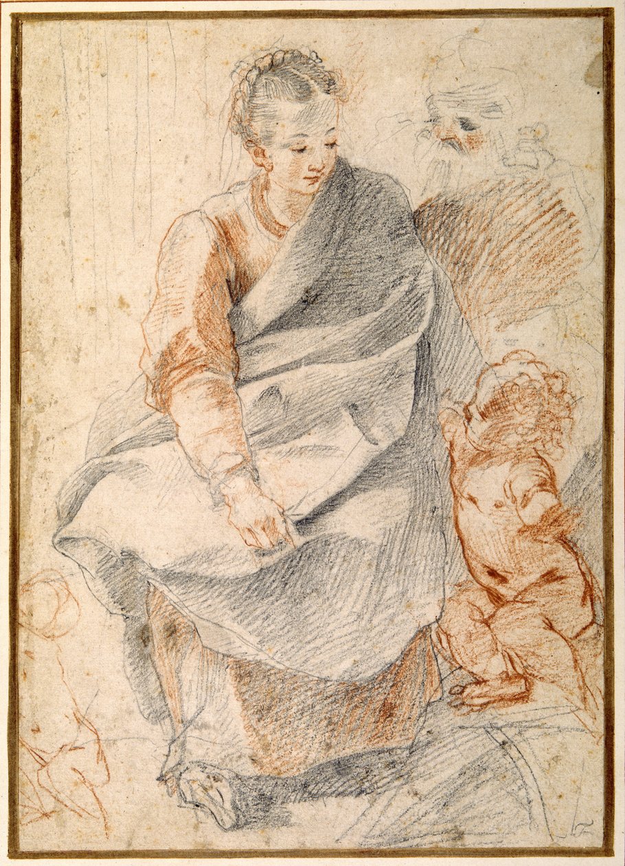 Svatá rodina (červené a černé křídy na bílém papíře) od Giovanni Battista Vanni