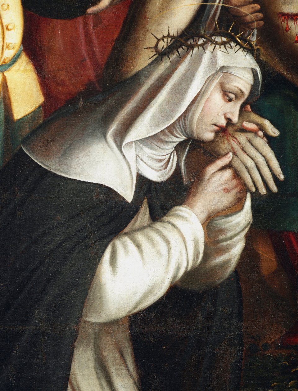 La deposition Detail reprezentující svatou Kateřinu Sienskou - (Detail depozice zobrazující sv. Kateřinu Sienskou) Obraz Giovanni Battista Secco dit il Caravaggino (aktivní 1572-1625) 1616 Kaple Santa Corona, Basilica di Santa Maria delle Grazi od Giovanni Battista called Caravaggino Secco