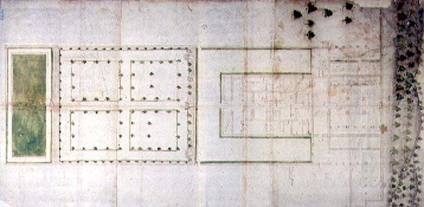 Plán vily Medici v Agnano (pero a inkoust, mytí na papíře) od Giovanni Battista da Sangallo