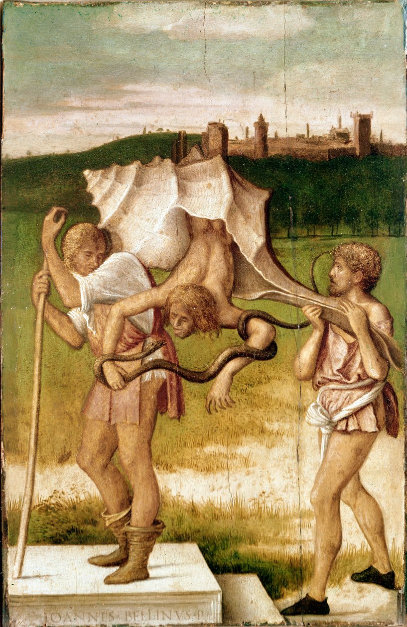 Alegorie medizance nebo závisti Postava obří mušle, had se ovine kolem paže, Dřevomalba od Giovanniho Belliniho dit Giambellino (1425/1433-1516) 1480-1490 Benátky, Gallerie dell