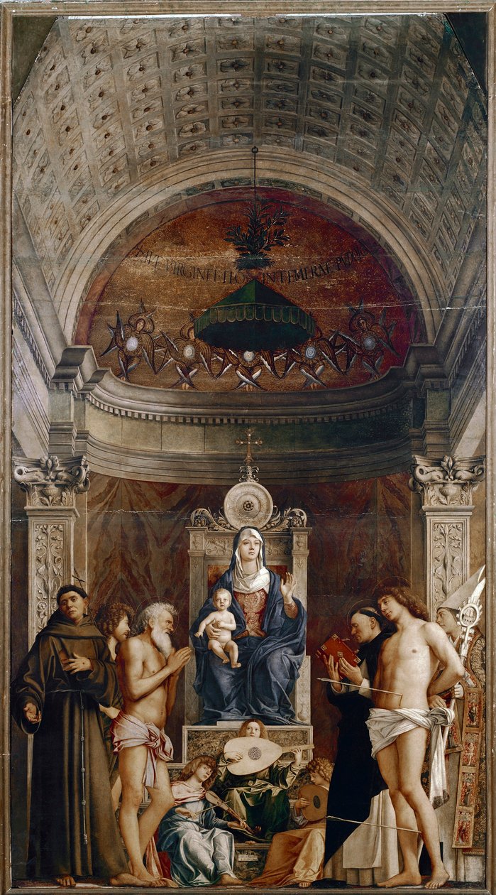Oltářní obraz svatého Jóba: Panna s dítětem se šesti svatými a hudebníky anděly (tempera na panelu, cca 1487) od Giovanni Bellini