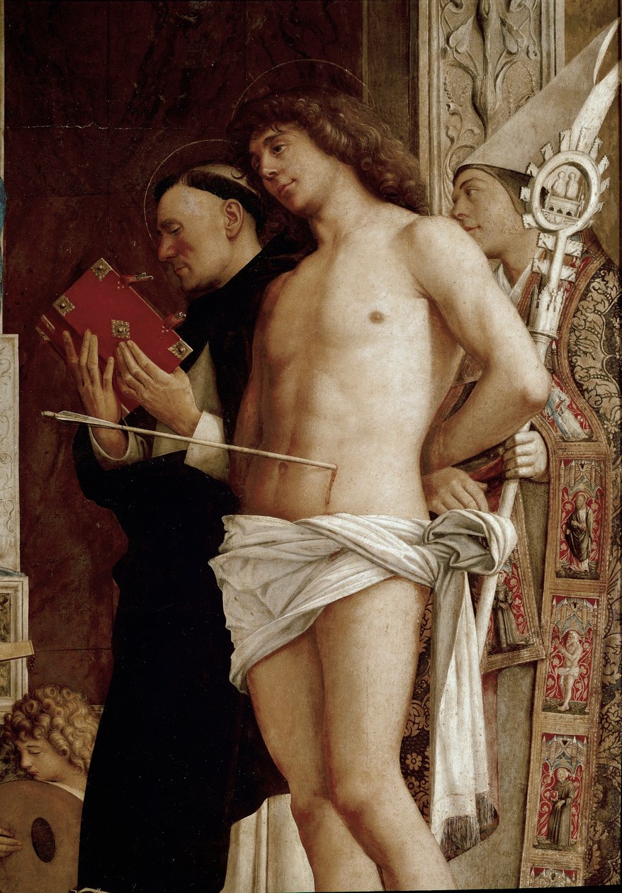 Oltářní obraz svatého Joba: Panna s dítětem se šesti svatými a hudebníky anděly. Detail (tempera na panelu, cca 1487) od Giovanni Bellini