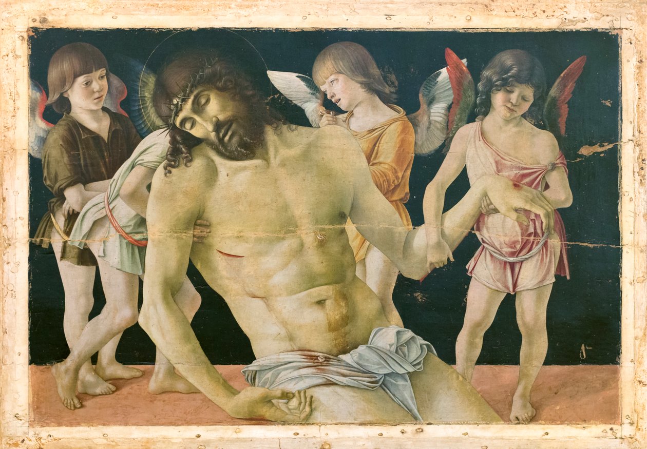 Mrtvý Kristus podporovaný anděly, cca 1475 (olej a tempera na dřevěné desce) od Giovanni Bellini