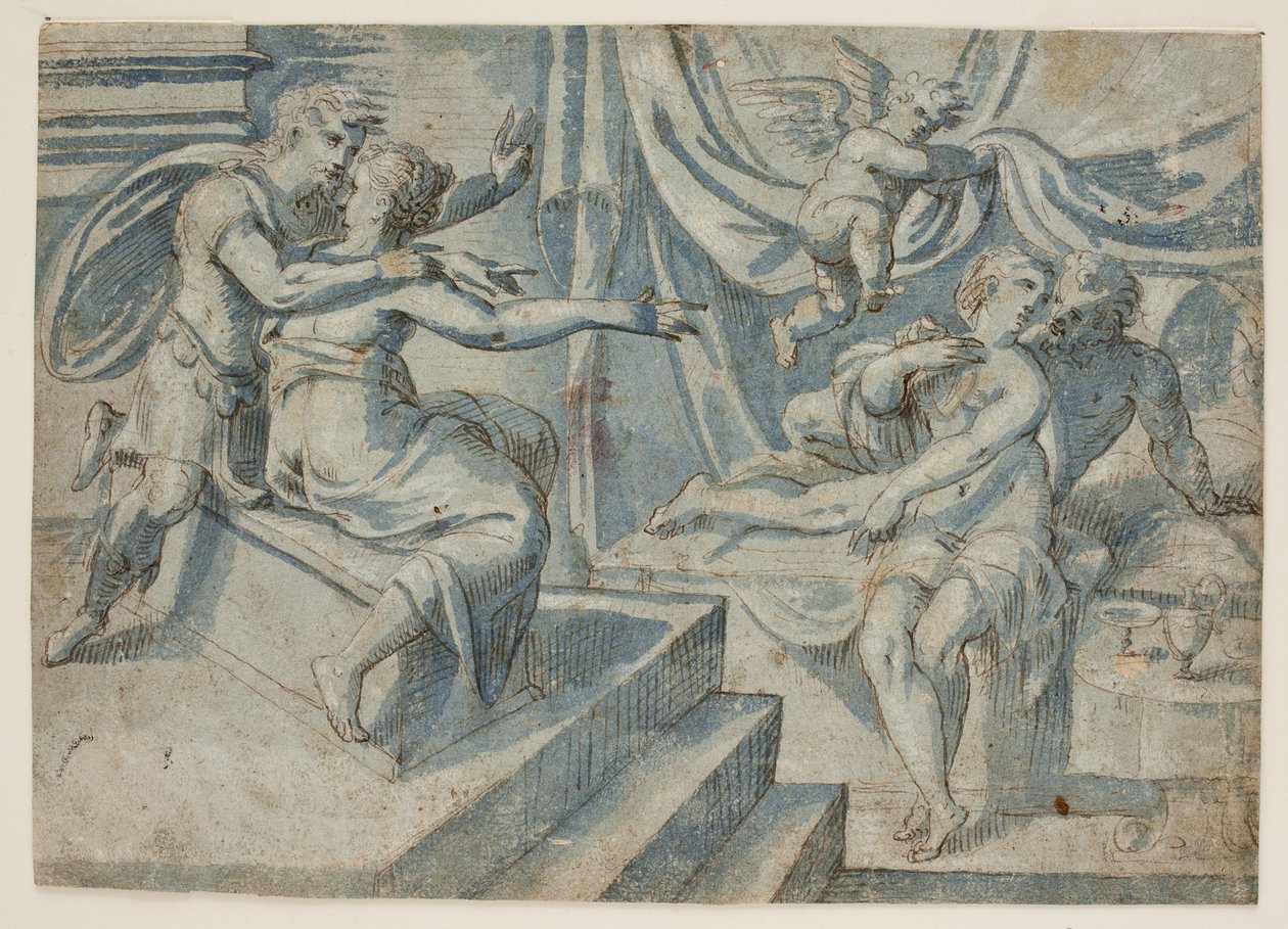 Milenecký pár na lůžku odhalí putto římskému vojákovi a jeho ženě od Giovanni Bellini