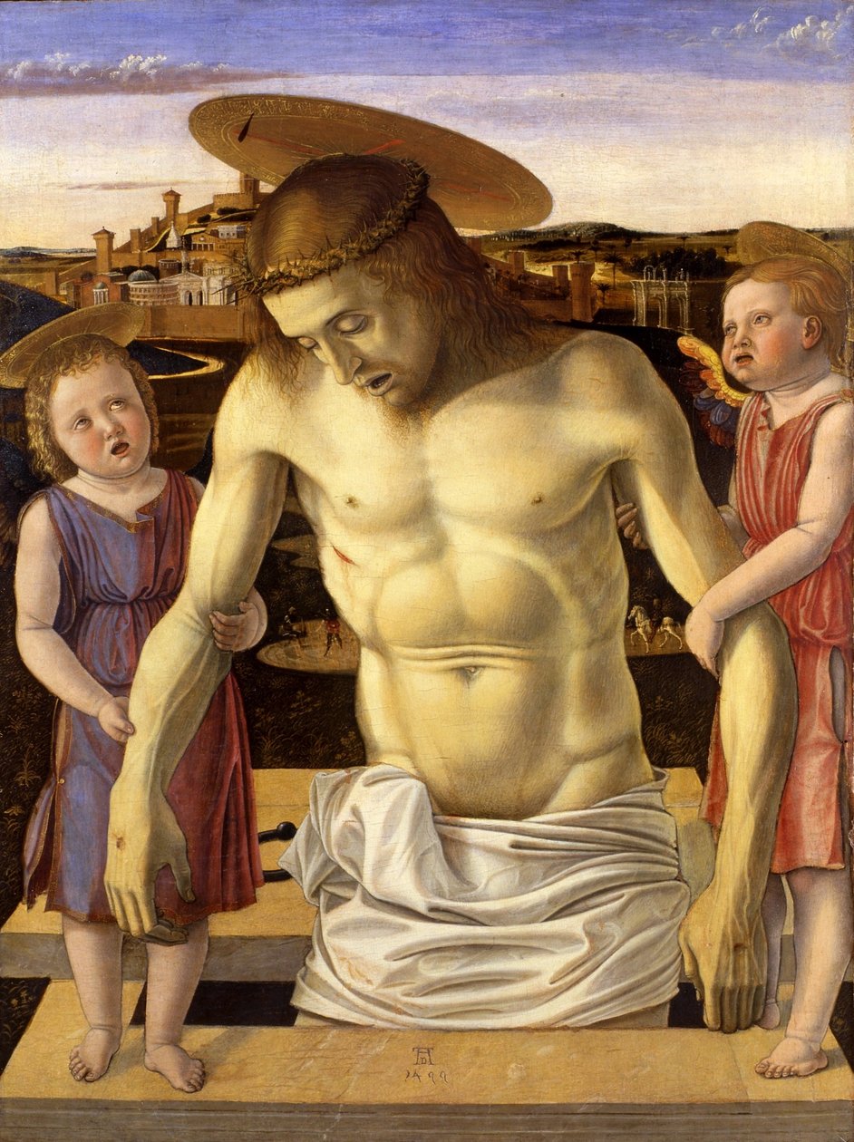 Italština:  Cristo morto sorretto da due angeli Mrtvý Kristus podporovaný dvěma anděly od Giovanni Bellini