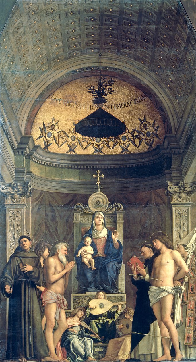Madonna a dítě na trůnu mezi SS. Francis, John the Baptist, Job, Dominic, Sebastian and Louis (San Giobbe Oltarpiece) c.1487 (podrobnosti viz 61101 a 276359) od Giovanni Bellini