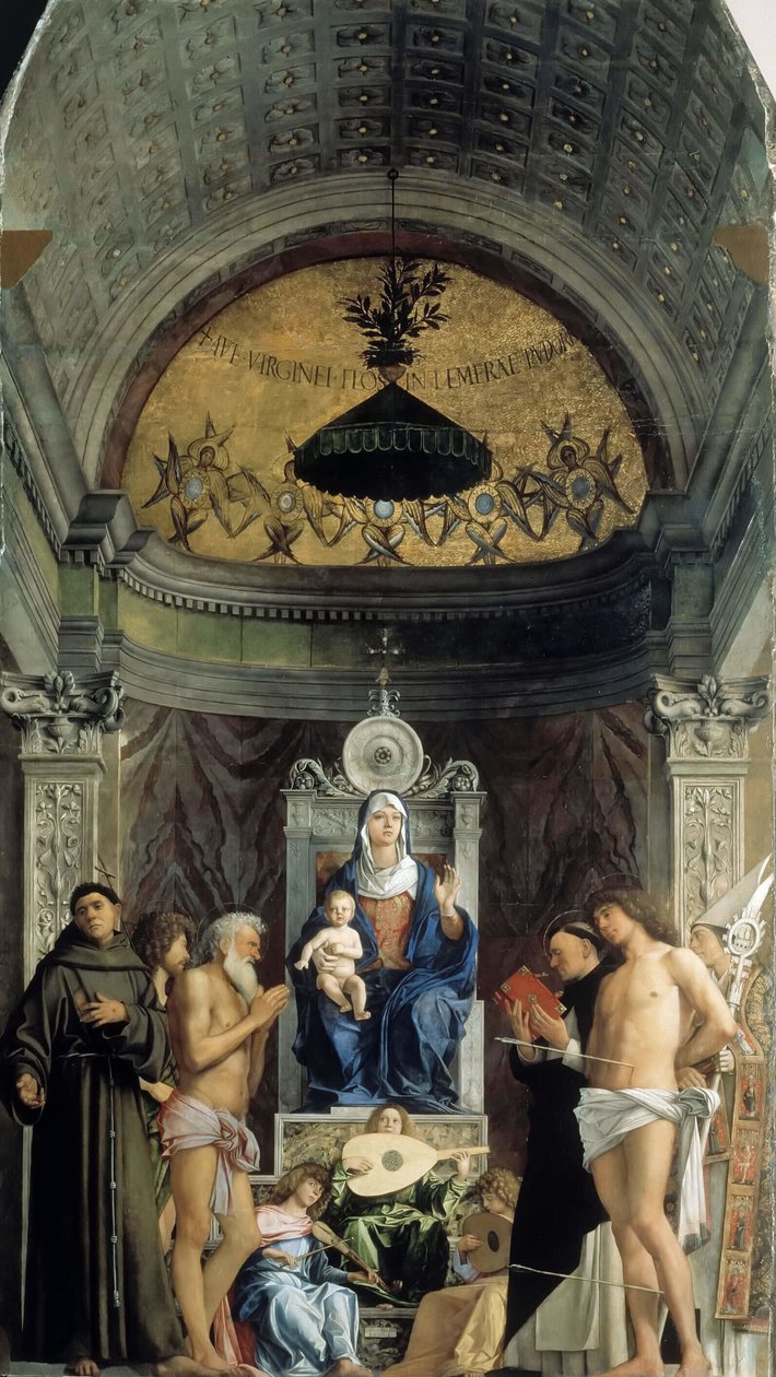 Madona s dítětem, hudební andělé a svatí František, Jan Křtitel, Job, Dominik..., cca 1487 od Giovanni Bellini