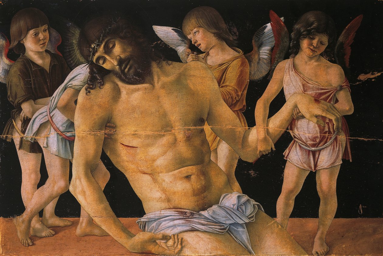 Pieta nebo Mrtvý Kristus podporovaný anděly, kolem 1474 (tempera na panelu) od Giovanni Bellini