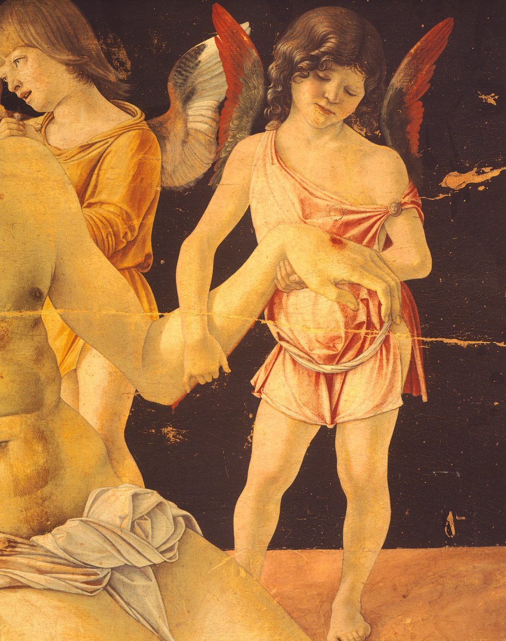 Pieta aneb Mrtvý Kristus podporovaný anděly, cca 1474, Giovanni Bellini (1431-36 - 1516), tempera na panelu, 91x131 cm. Detail. od Giovanni Bellini