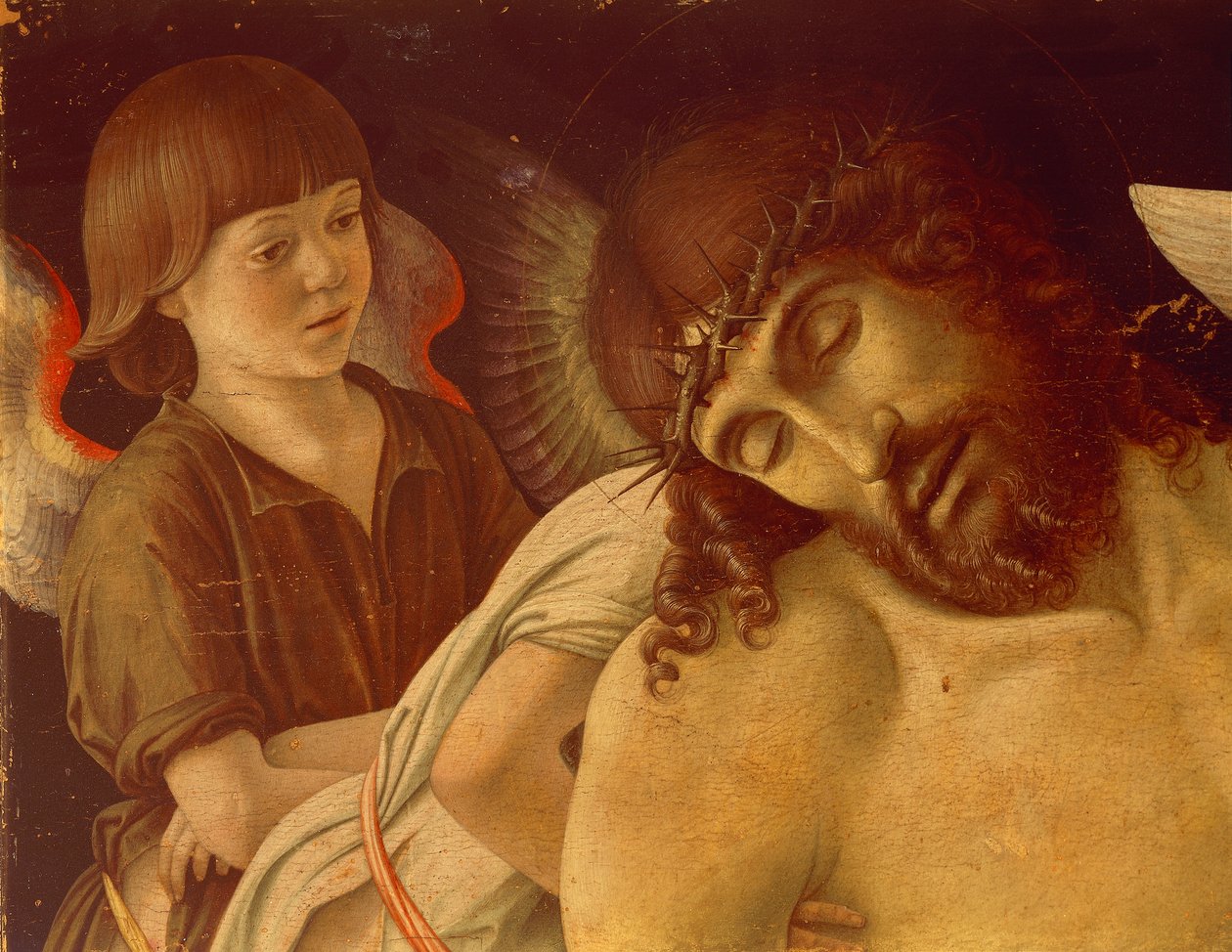 Pieta aneb Mrtvý Kristus podporovaný anděly, cca 1474, Giovanni Bellini (1431-36 - 1516), tempera na panelu, 91x131 cm. Detail. od Giovanni Bellini