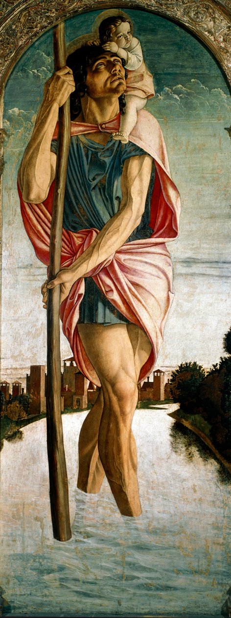 Polyptic of Saint Vincent Ferrier (Vicent Ferrer, Vicente Ferrer) (1350-1419): „“ Saint Christopher ”” ”Panel vlevo. Malba na dřevě od Giovanniho Belliniho (asi 1432-1516) dit il Giambellino 1464-1468 ne. 167x67 cm Benátky, kostel Santi Giovanni e P od Giovanni Bellini