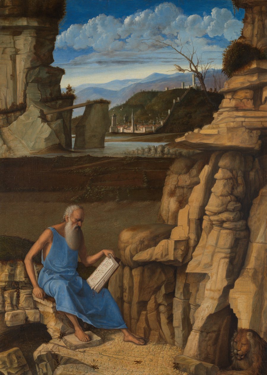 Svatý Jeroným čte v krajině, asi 1480-5 (olej na dřevě) od Giovanni Bellini