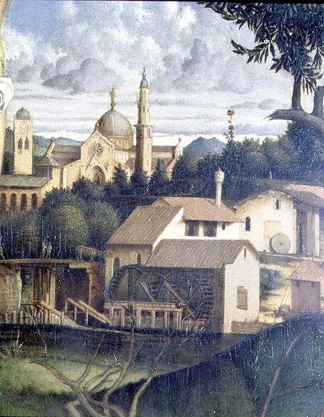 Ukřižování, detail architektury v pozadí (viz také 87046, 87045, 87090) c.1505 (panel) od Giovanni Bellini
